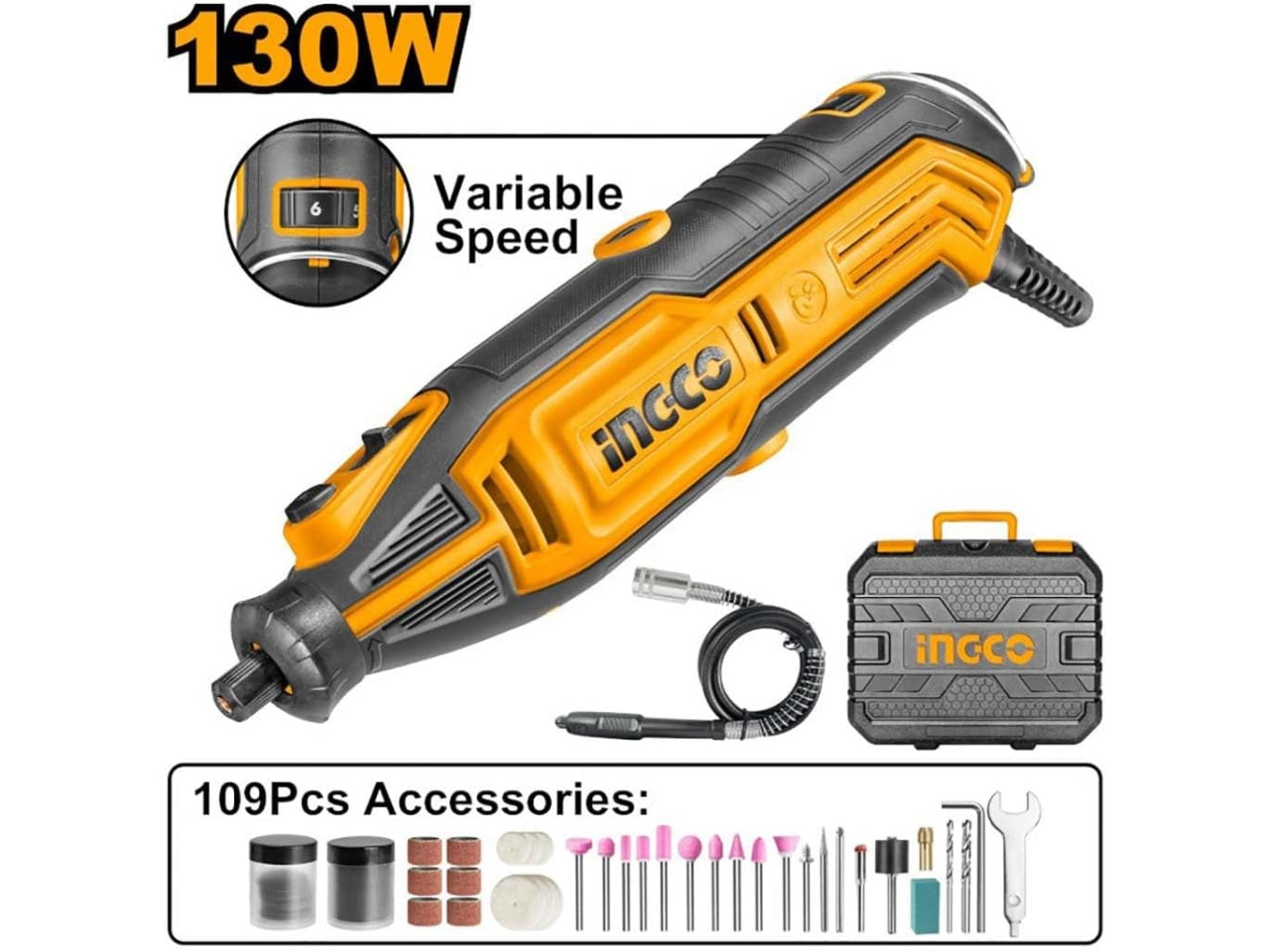 Minismerigliatrice con valigetta e 109 accessori,130W, velocitÃ  variabile, Ingco