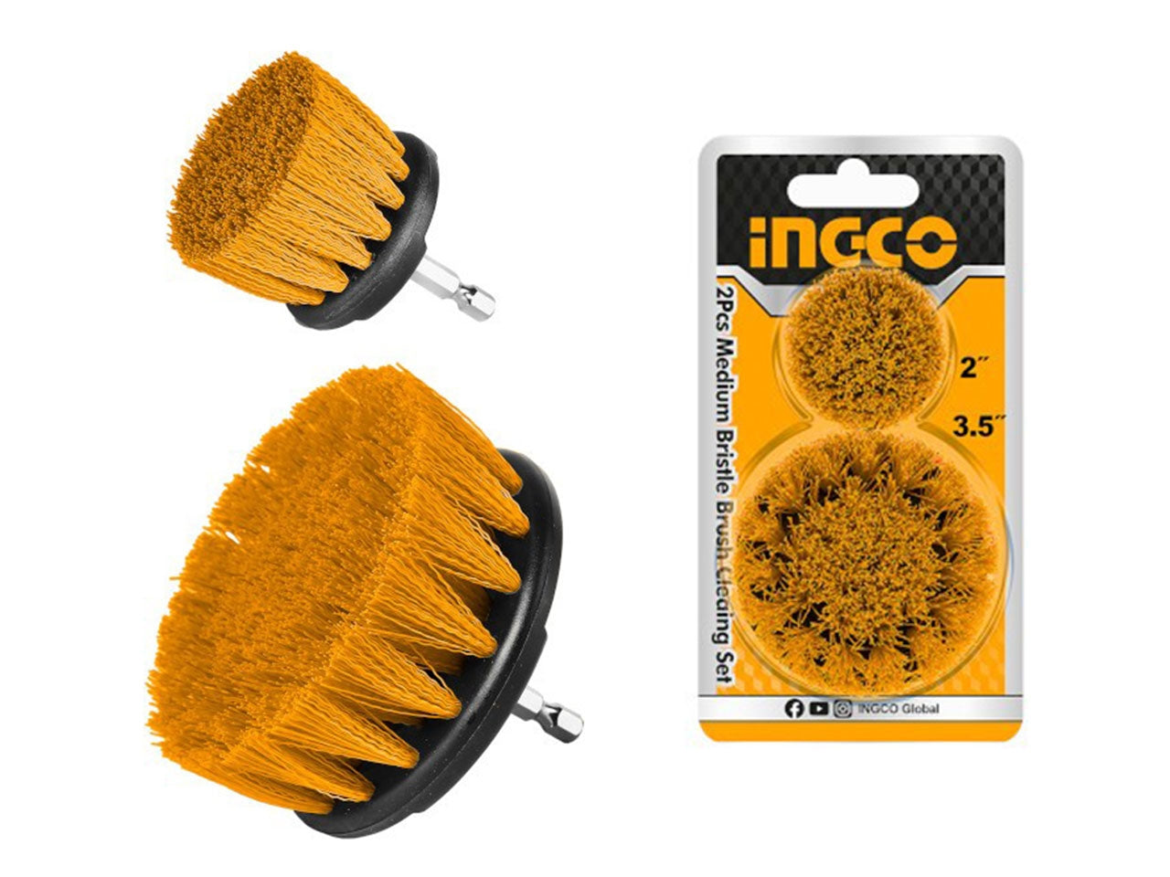 Set di 2 spazzole per trapano e avvitatore Ingco a setola media 5cm e 9cm: pulizia efficace per ogni superficie