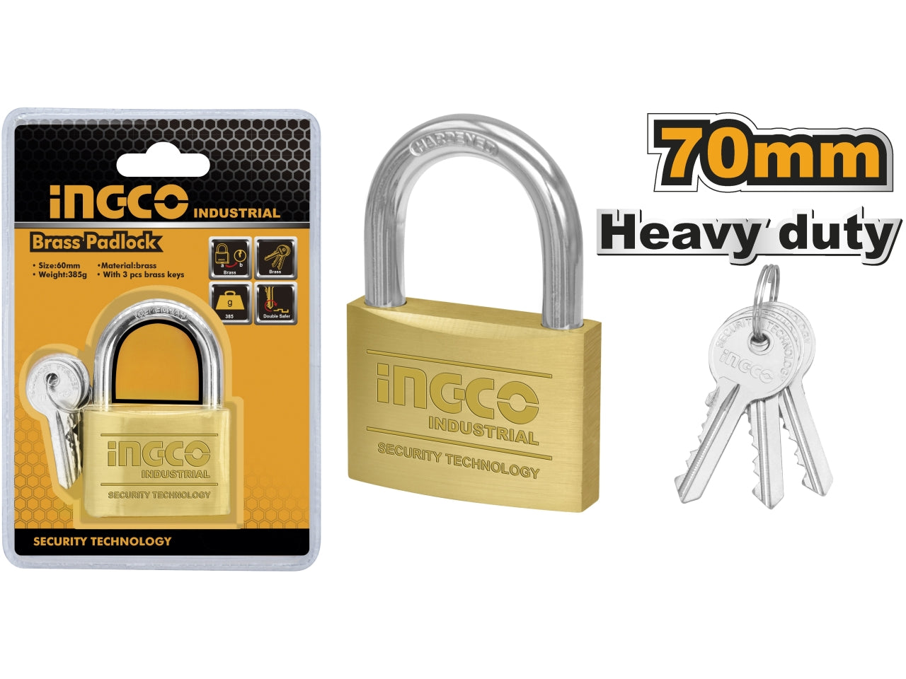 Lucchetto in ottone massiccio 70mm con chiave estraibile Ingco - Sicurezza elevata, resistente alle intemperie