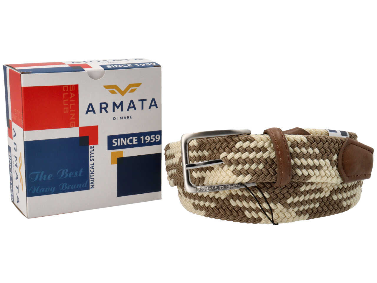 Cintura da uomo beige e avorio in tessuto intrecciato elasticizzato 3,5 cm, taglie assortite dalla 110 alla 125, Armata di Mare