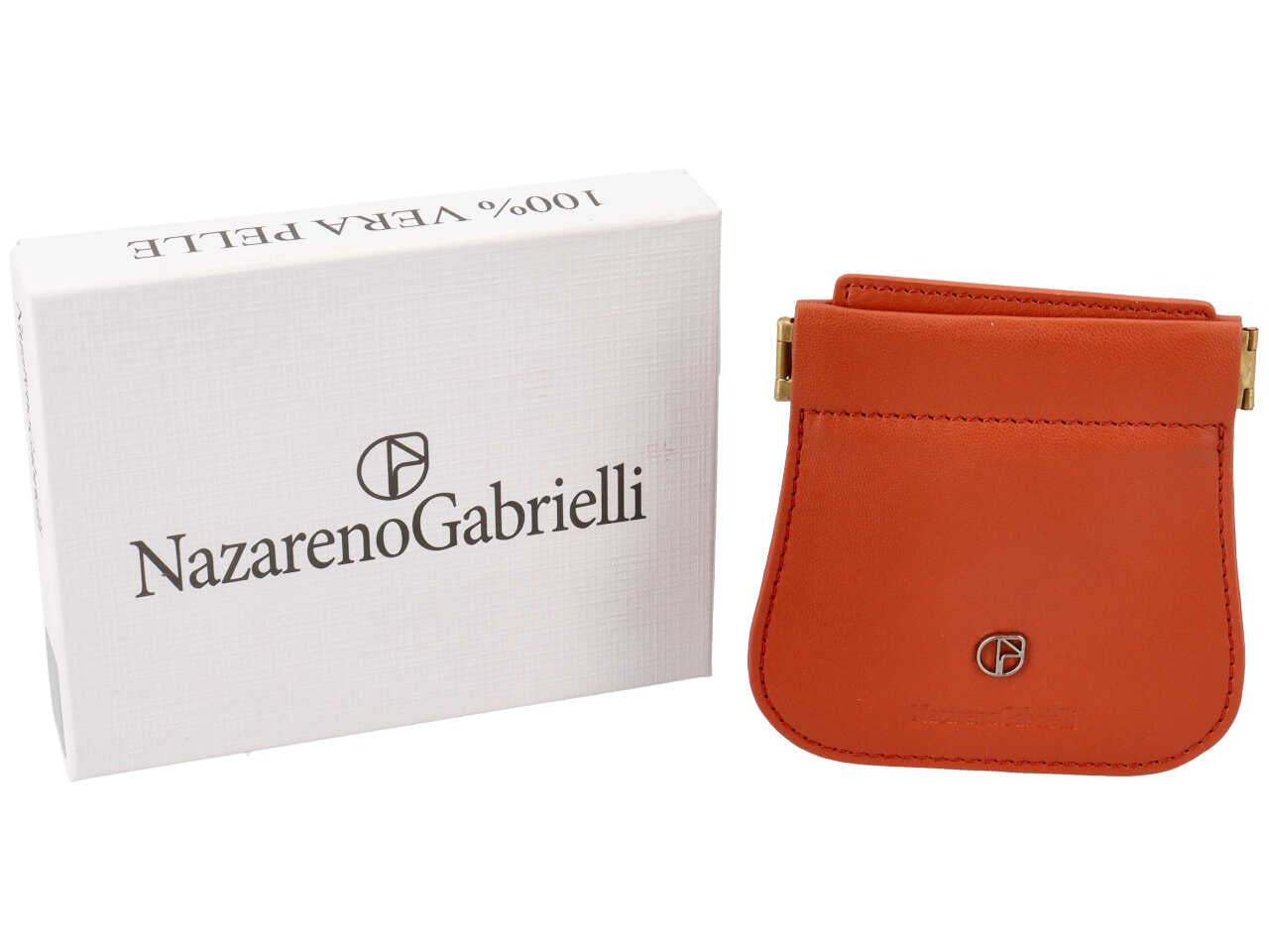Portamonete uomo in pelle arancione a 2 scomparti con chiusura a molla - 10x9 cm - Nazareno Gabrielli