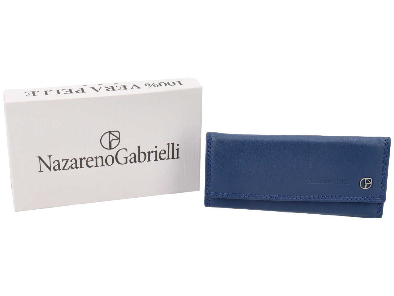 Portachiavi uomo in pelle blu con chiusura a bottone e 6 ganci portachiavi - 6,5x14 cm - Nazareno Gabrielli
