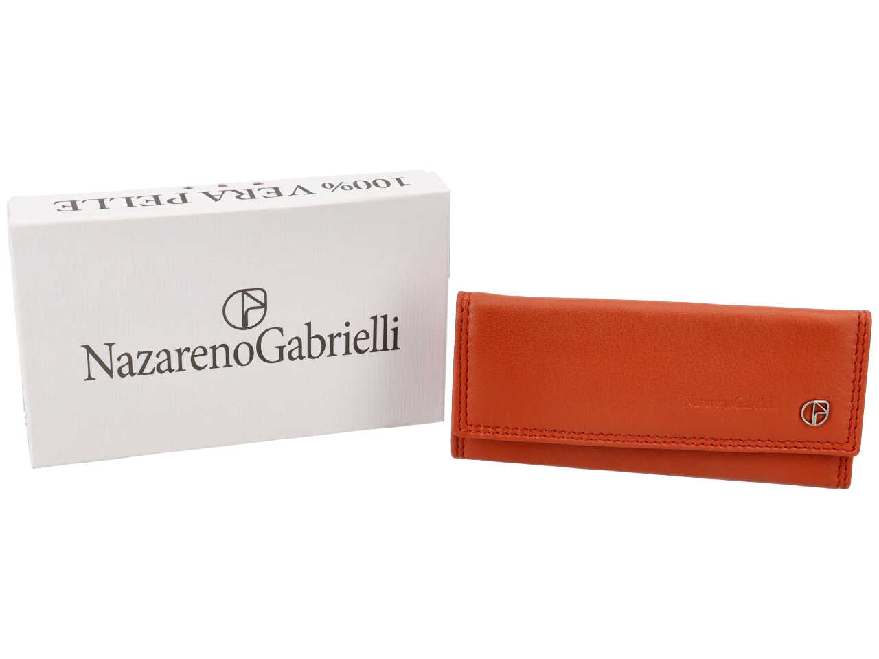 Portachiavi uomo in pelle arancione con chiusura a bottone e 6 ganci portachiavi - 6,5x14 cm - Nazareno Gabrielli
