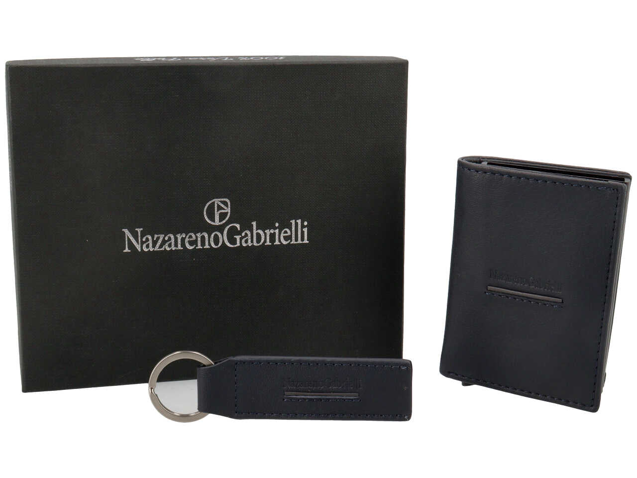 Set regalo Wampum uomo con portachiavi e porta cards in vera pelle blu 12,5x10x2 cm