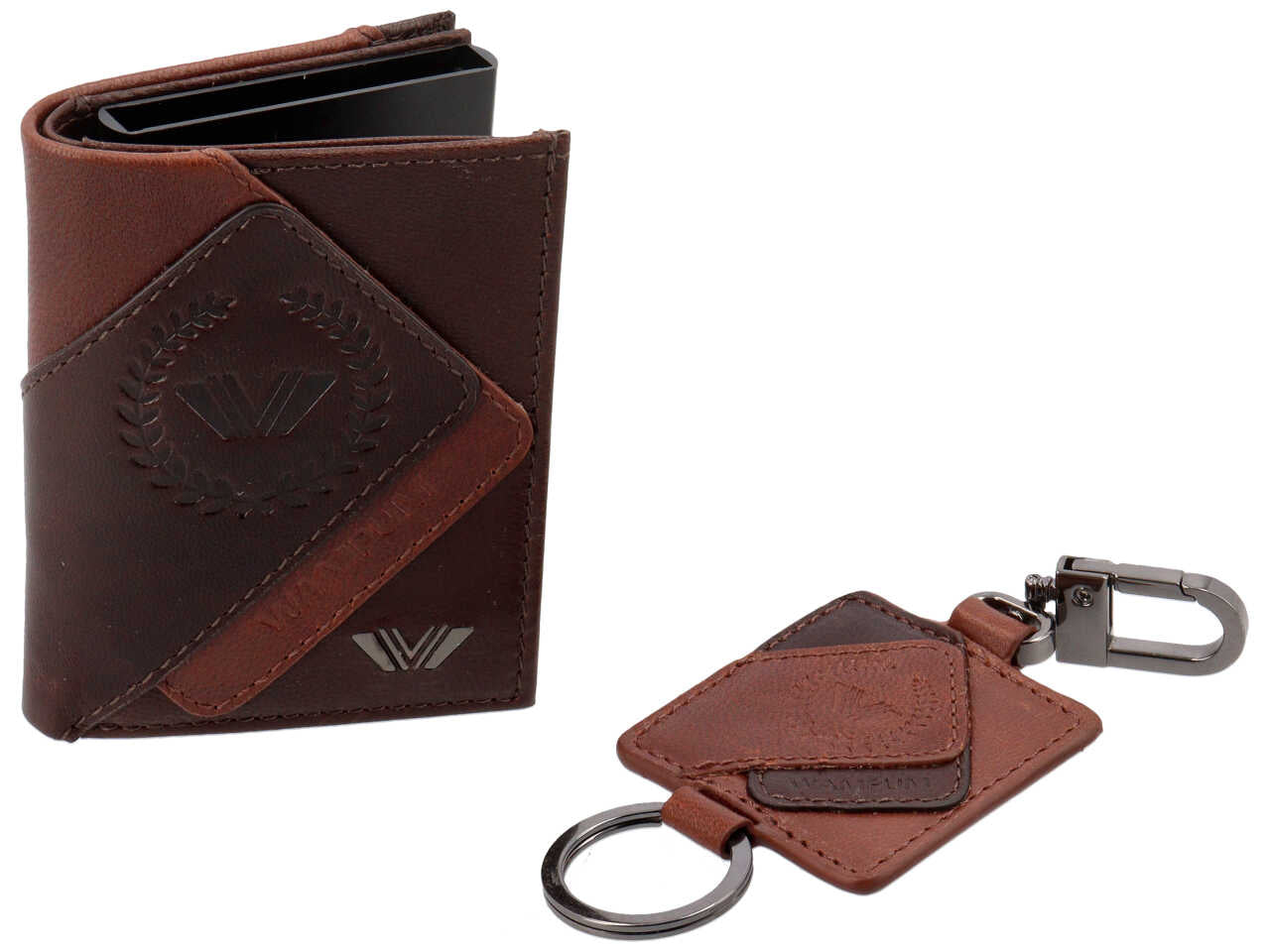 Set regalo Wampum uomo con portachiavi e porta cards in vera pelle marrone 12,5x10x2 cm