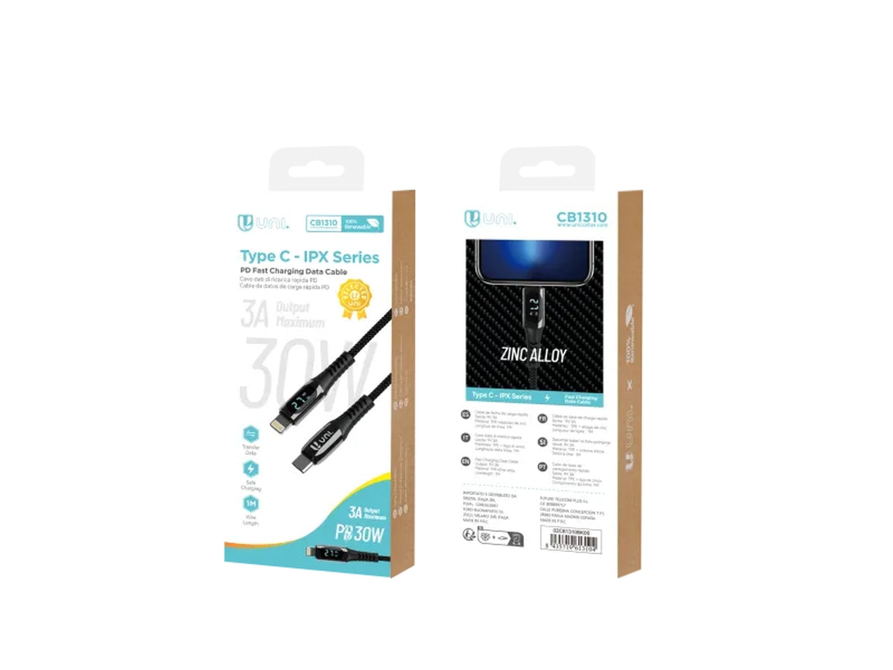 Cavo dati di ricarica rapida c/display - type C a IPX serie, colore nero, in tpe + lega zinco - lunghezza 1m - Unico