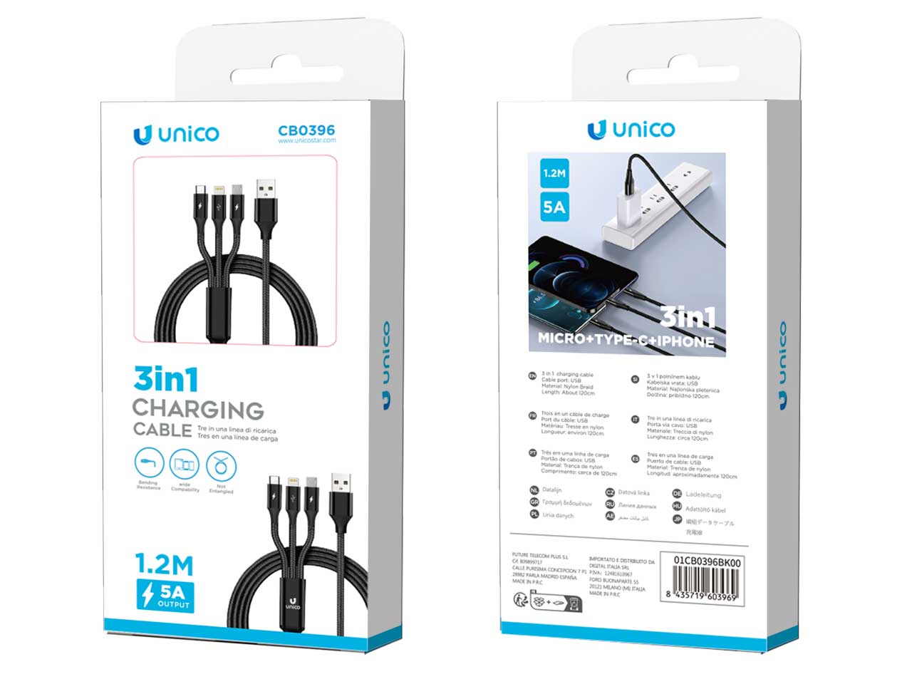 Cavo dati 3 in 1 usb-a a micro, type-c e lightning, 1.2m, 5a, treccia di nylon, nero