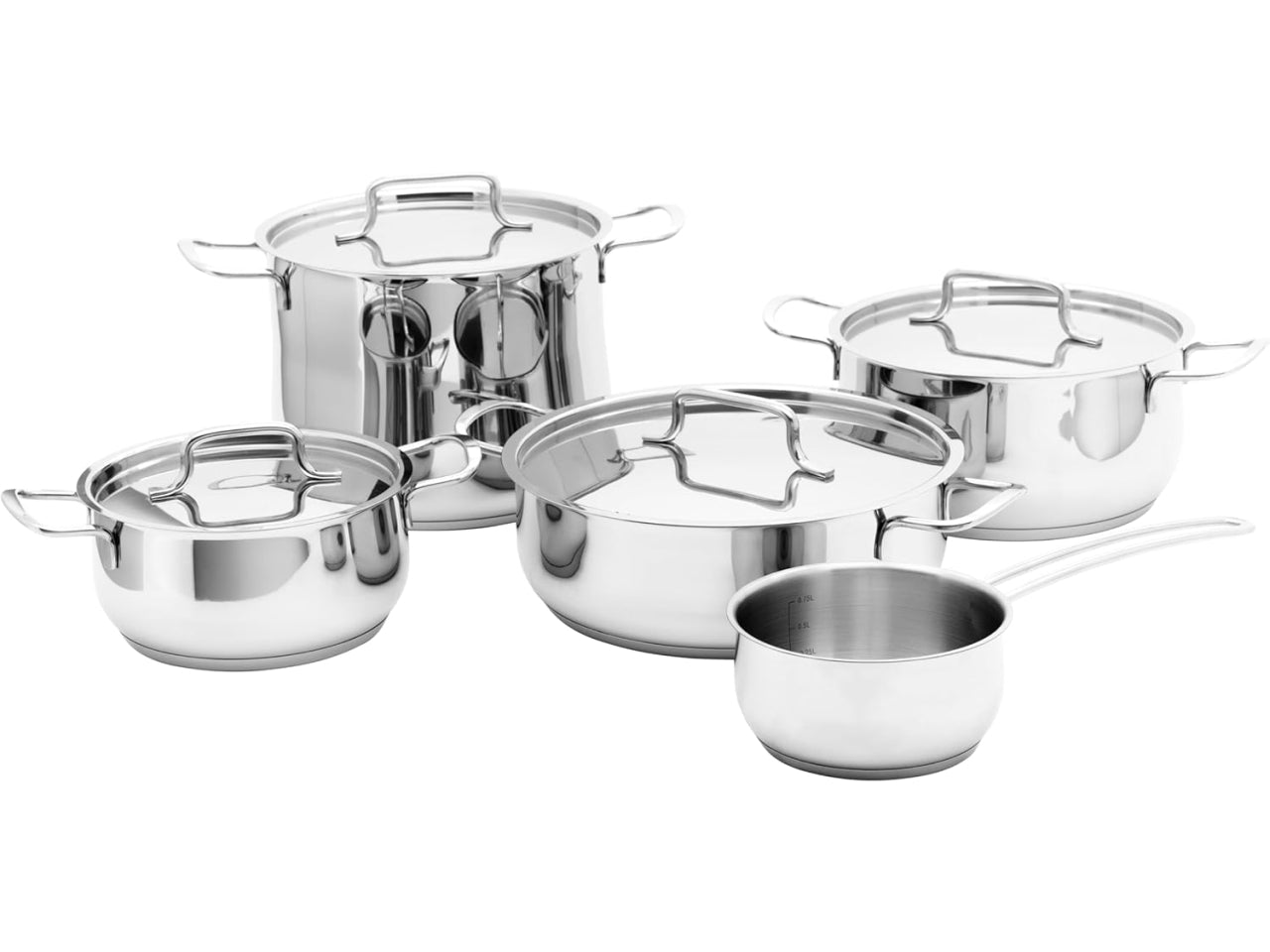 Batteria di pentole Steel Master, set 9 pezzi in acciaio inossidabile 18/10, 4 coperchi inclusi - Casa Collection