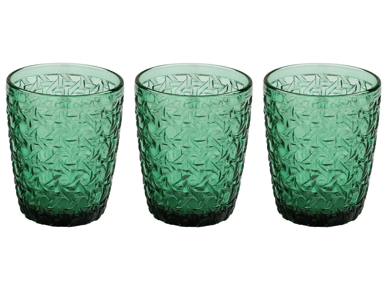 Bicchiere in vetro 300cc verde con lavorazione tipo rattan, set 3 pezzi 10,5x8 cm - Casa Collection
