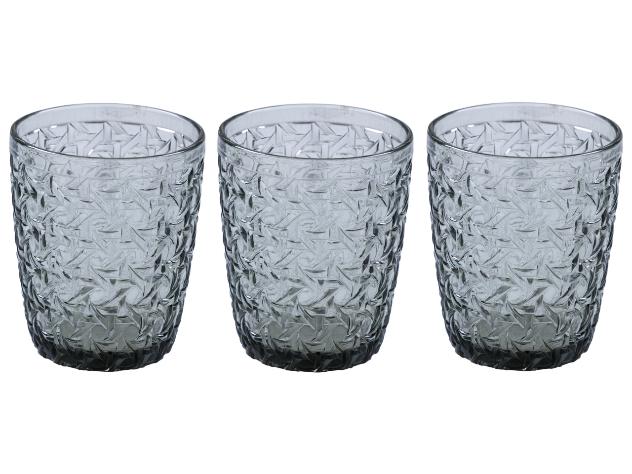 Bicchiere in vetro 300cc grigio con lavorazione tipo rattan set 3 pezzi, 10,5x8 cm - Casa Collection