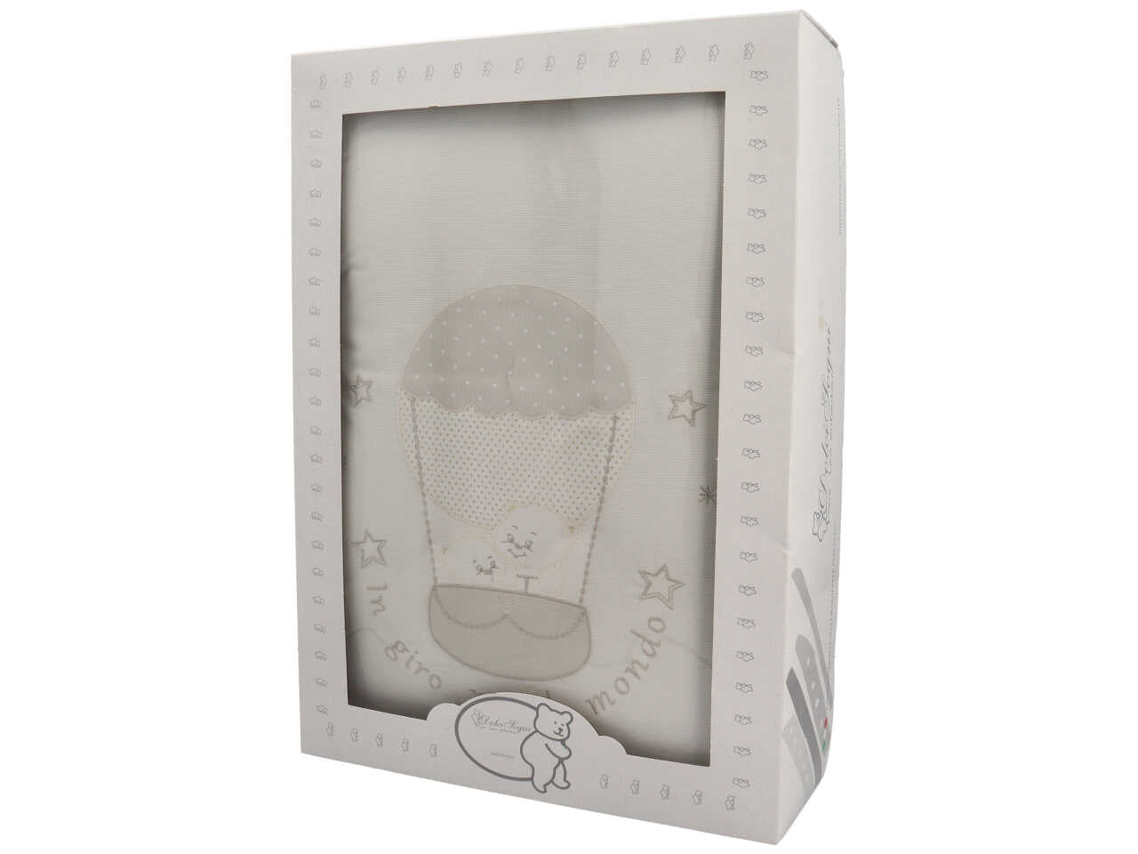 Coperta culla piquet in cotone panna e tortora con mongolfiera e orsetti 75x92 cm - Dolci Sogni