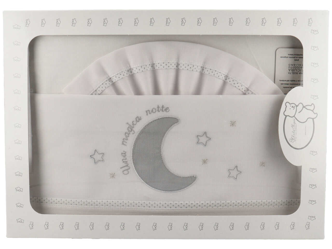 Lenzuola culla in cotone bianco e grigio con luna e stelle cucite 90x120 cm - Dolci Sogni