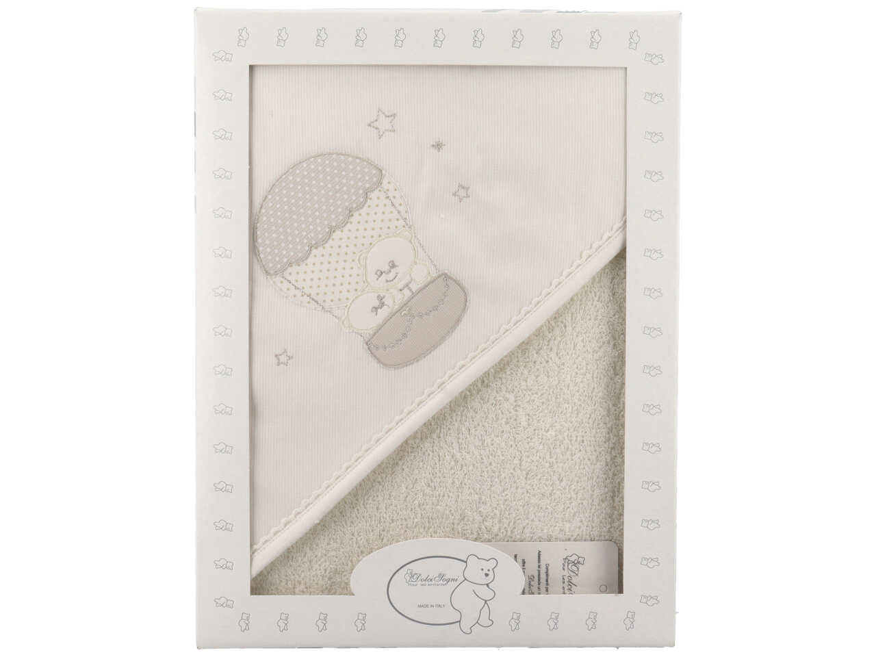 Accappatoio triangolo neonato in cotone panna con mongolfiera e orsetti 70x75 cm - Dolci sogni
