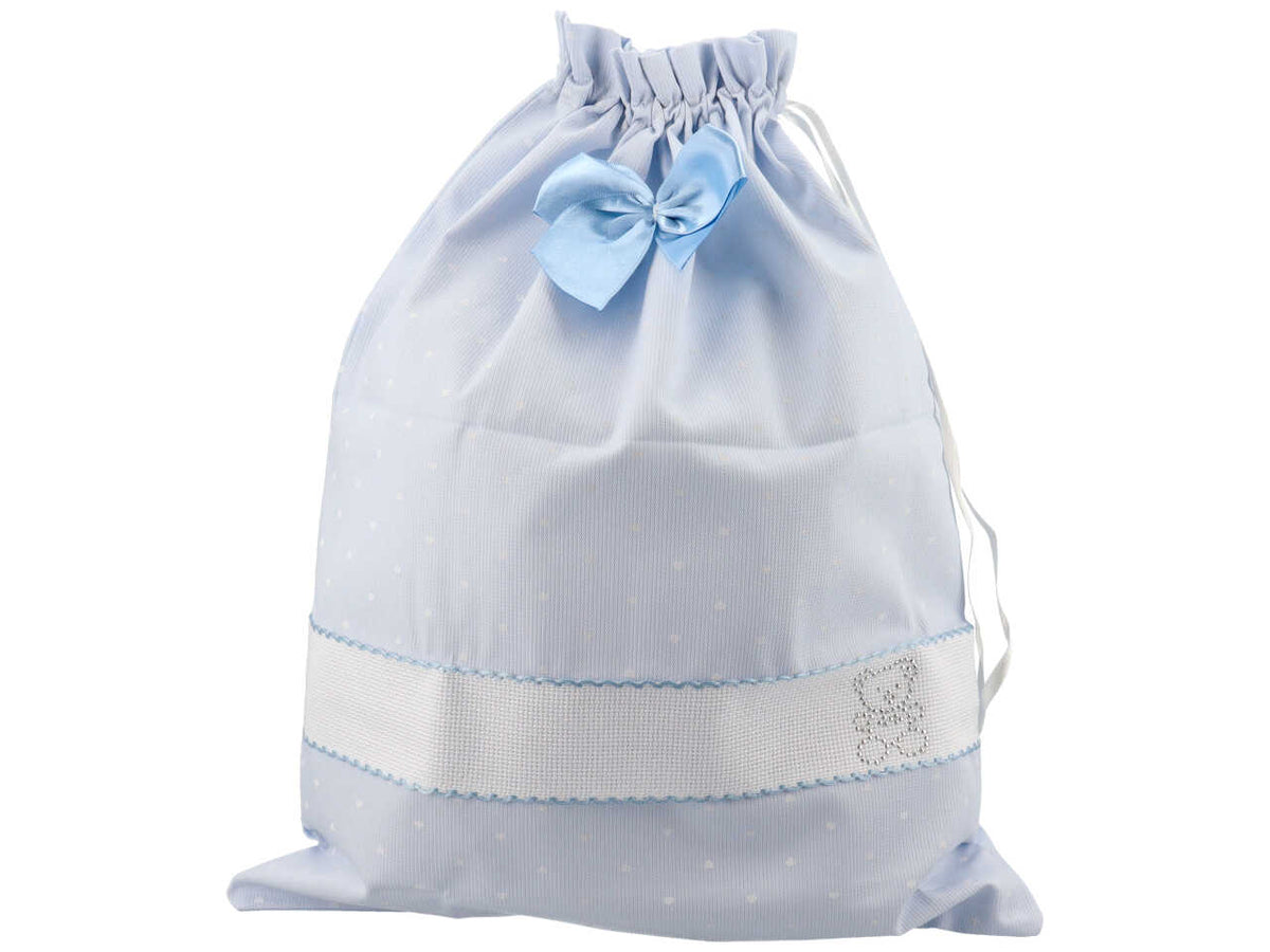 Sacco nascita per neonato in cotone celeste con fascia personalizzabile 43x34 cm