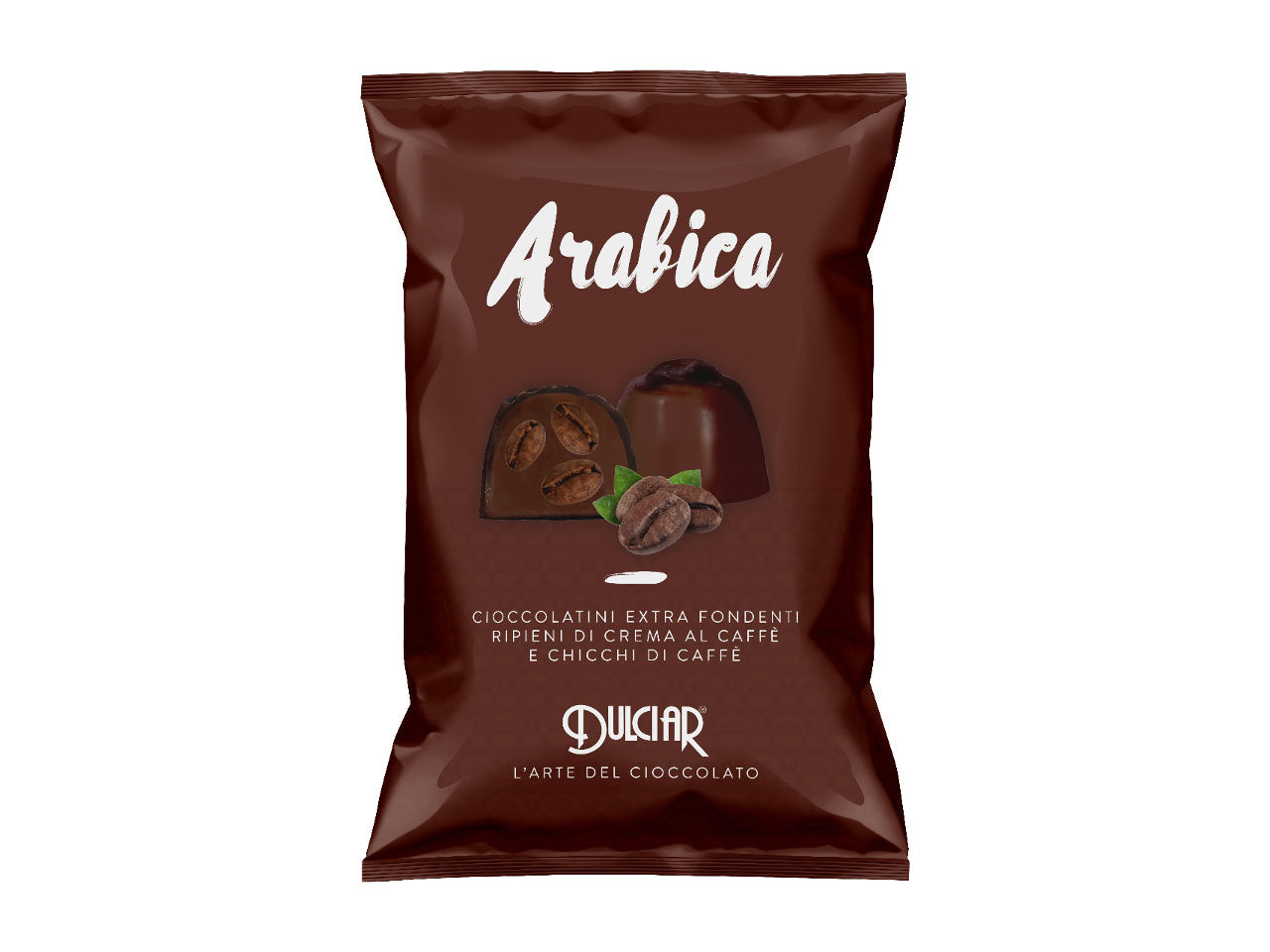 cioccolato extra fondente ripieno di crema al caffe' e chicchi di caffe' in busta da 120grammi