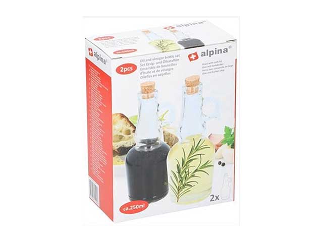 Alpina contenitore in vetro 2 pezzi con tappo in sughero per olio e aceto 250ml 7x7x18cm