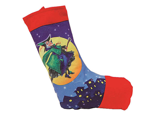 Calza Befana stampata 42cm con befana volante su paesaggio