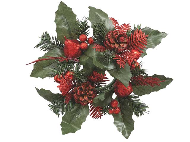 Girocandela pvc diam.cm.20 foglie,pigne,bacche glitter rosso