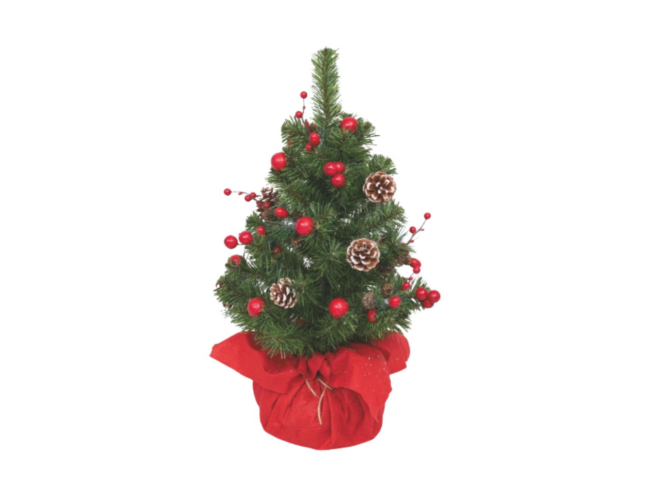 Albero 60cm 90rami con bacche rosse, pigne e base rossa