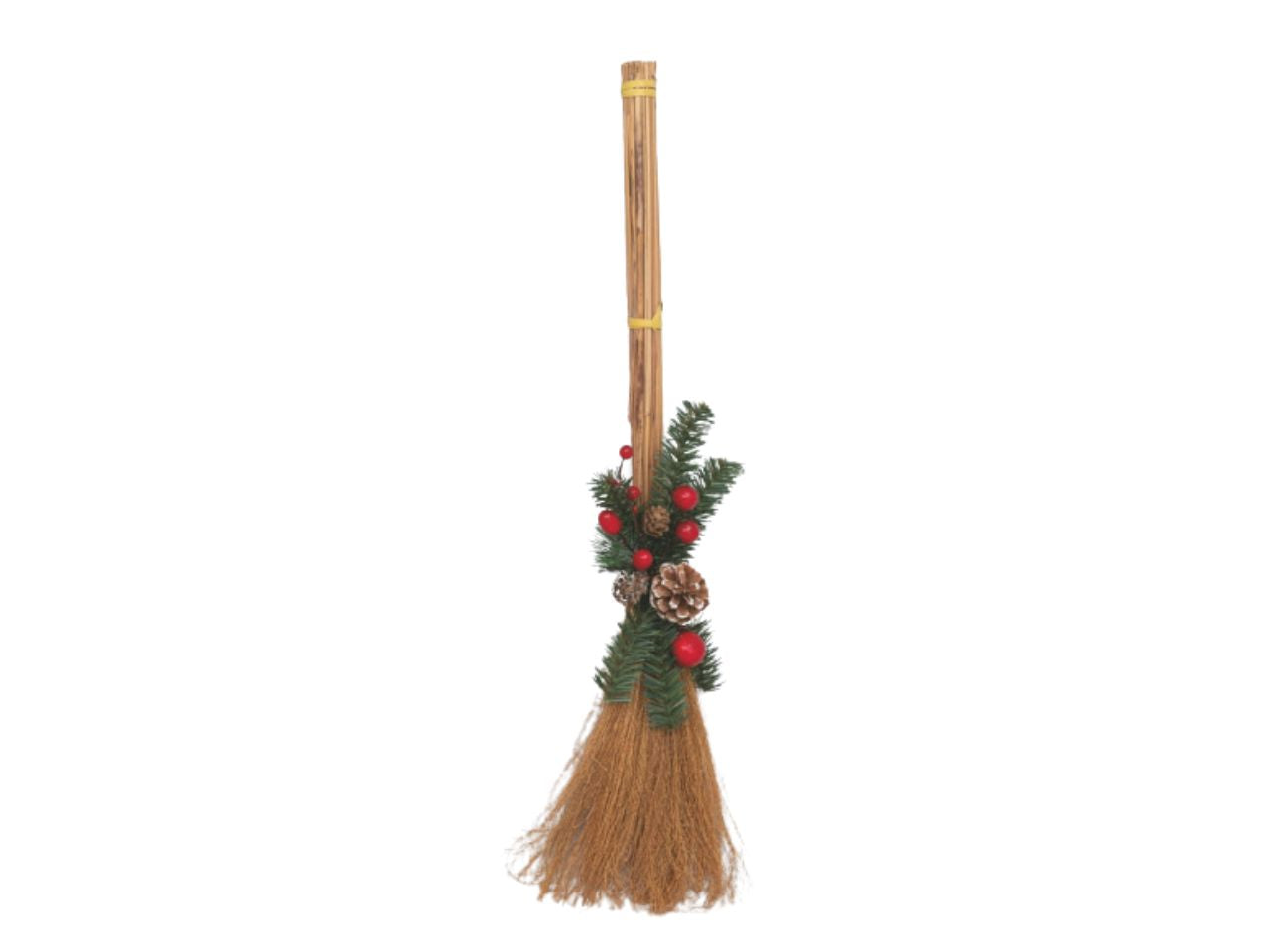 Scopa saggina cm.20 decorato con bacche rosse, pigne innevate
