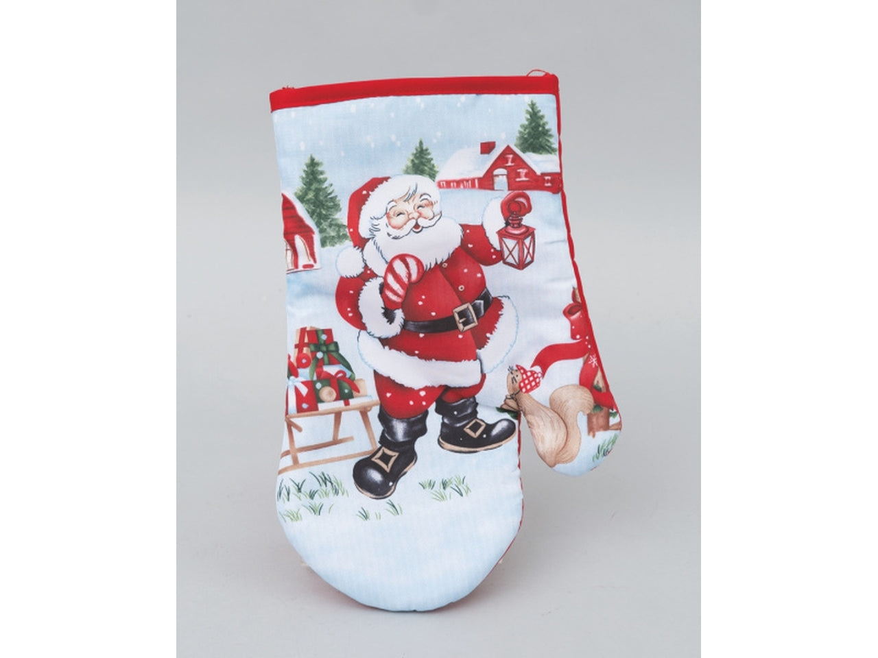 Guanto 19x27cm in poliestere azzurra decoro babbo natale con scoiattolo