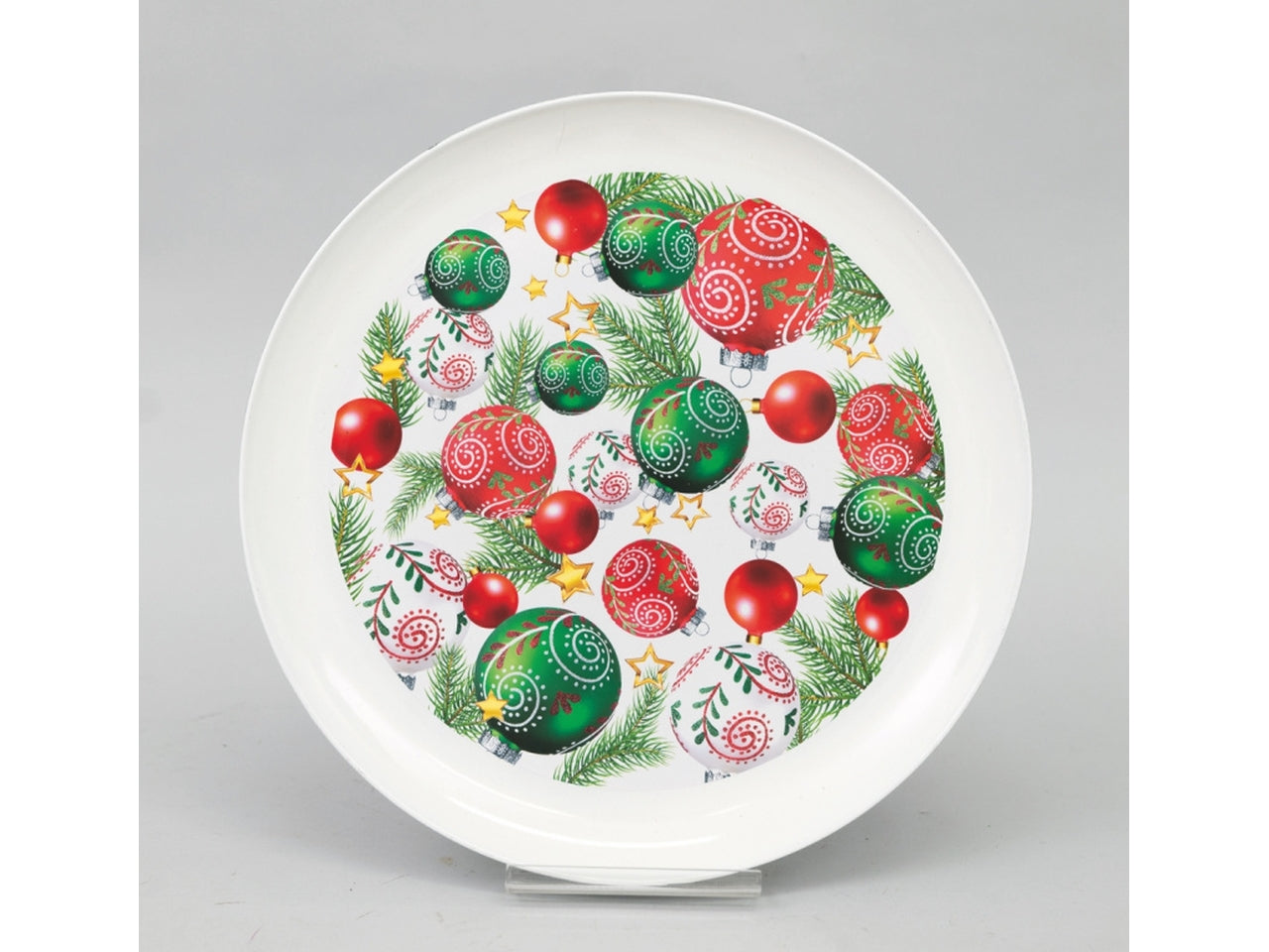 Piatto 33cm in plastica tondo bianco decoro sfere rosse e verdi