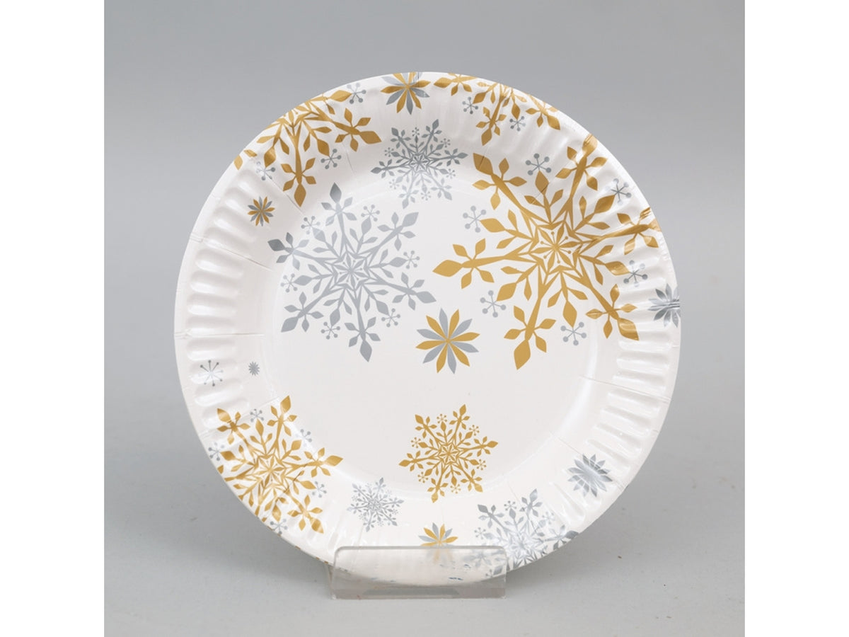 Piatto di carta 18cm bianchi decoro fiocchi di neve oro set da 6 piatti