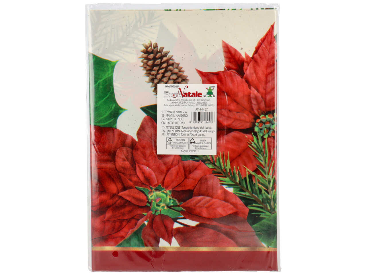Tovaglia natalizia in pvc 180x110cm bianca decoro stelle di natale rosse