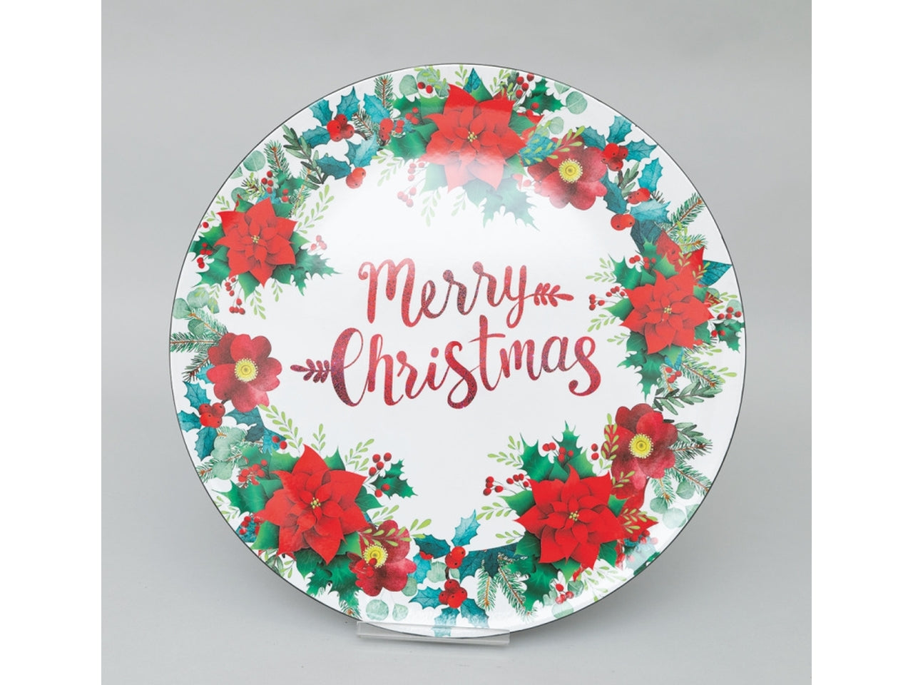 Vassoio 40cm plastica tondo bianco decoro corona di fiori