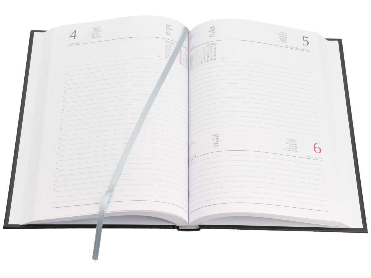Agenda giornaliera 2025, A5 nero con copertina imbottita, festivitÃ  e fine settimana foglio condiviso - Gruppo Buffetti