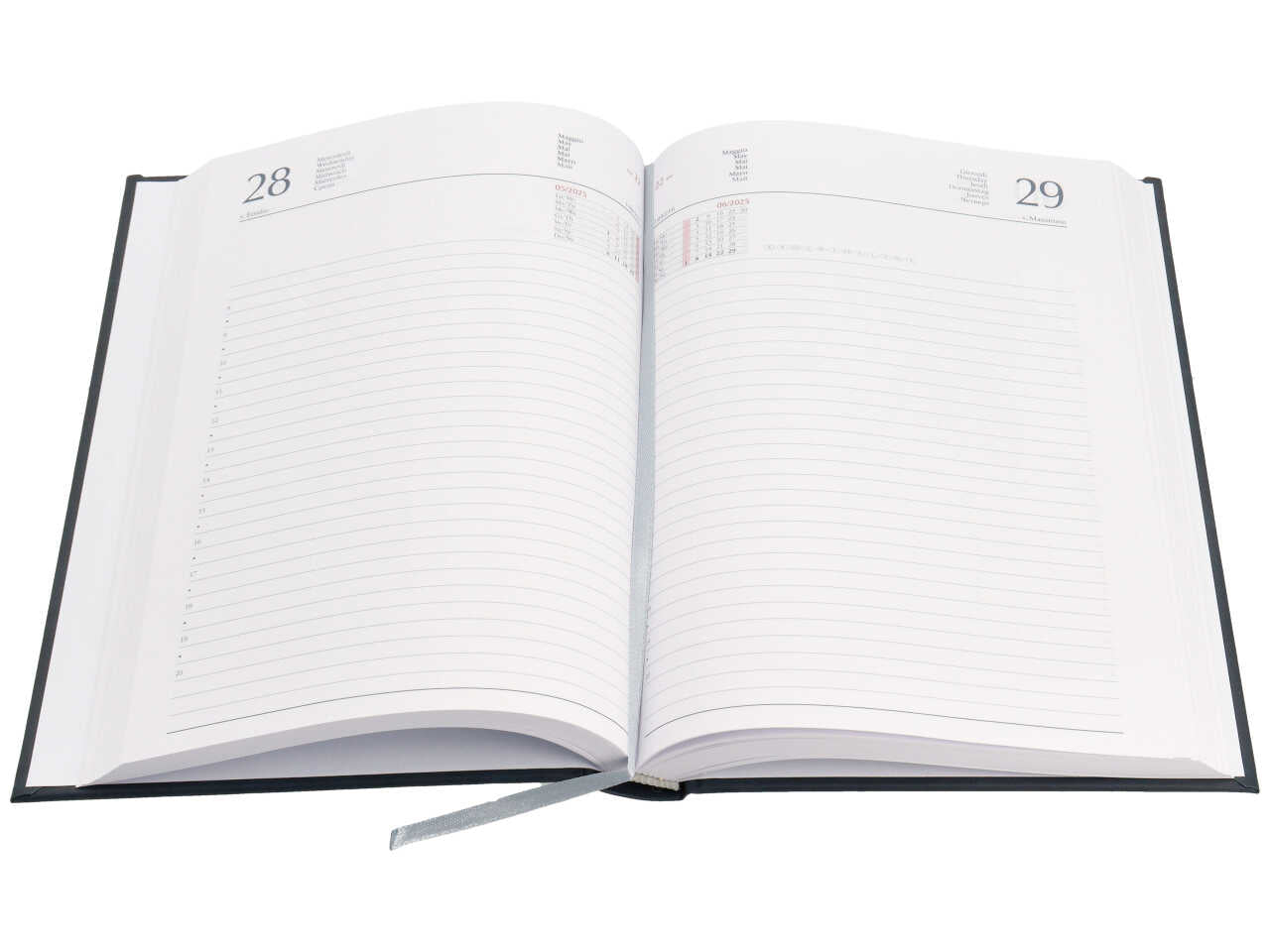 Agenda giornaliera 2025, A5 blu con copertina imbottita, festivitÃ  e fine settimana segnalati - Gruppo Buffetti