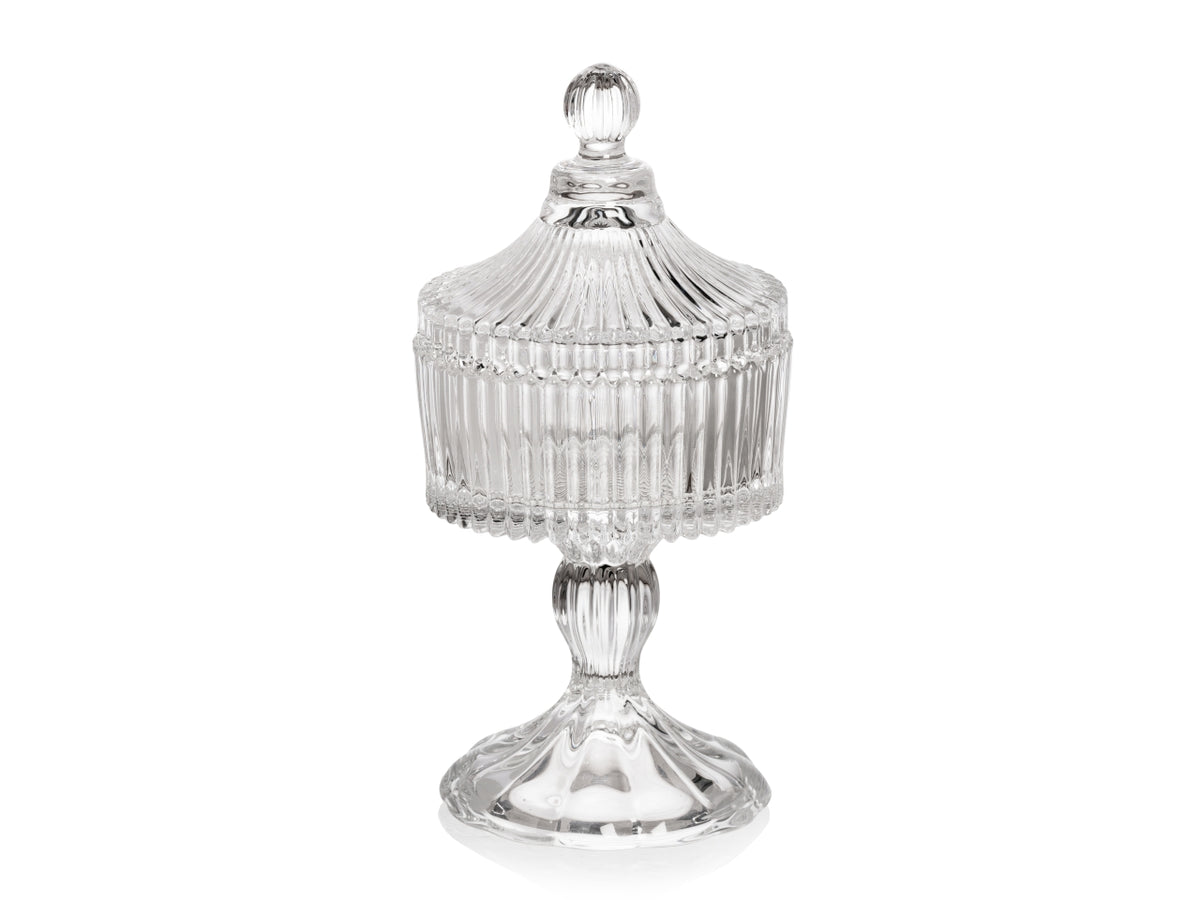 Coppa potiche con coperchio e alzata, in vetro trasparente, decoro a rilievo, radius, stile classico h.18xd.9,5 cm