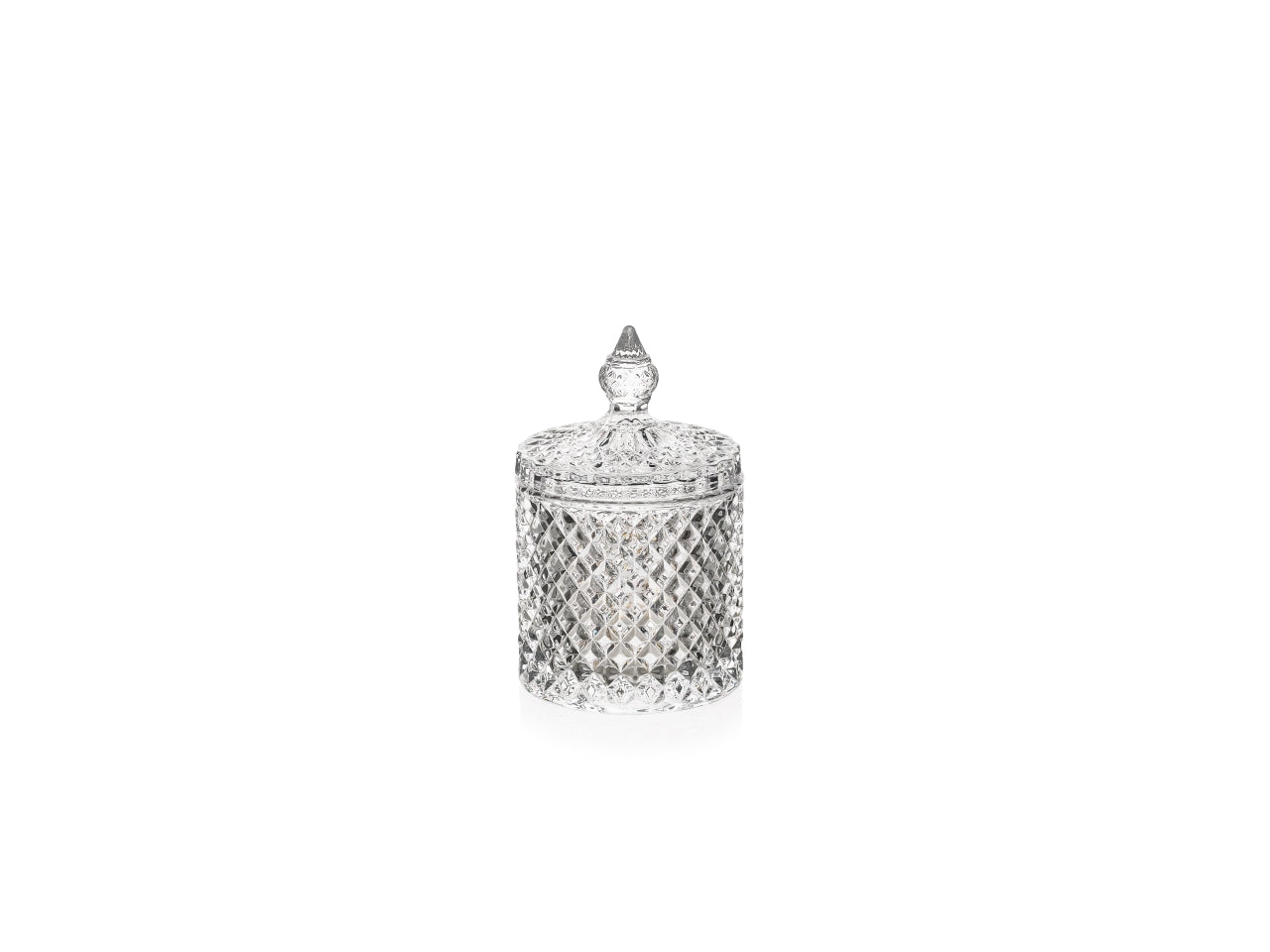 Coppa potiche con coperchio, in vetro trasparente e decoro a rilievo, venus, stile classico h.14xd.8,5 cm
