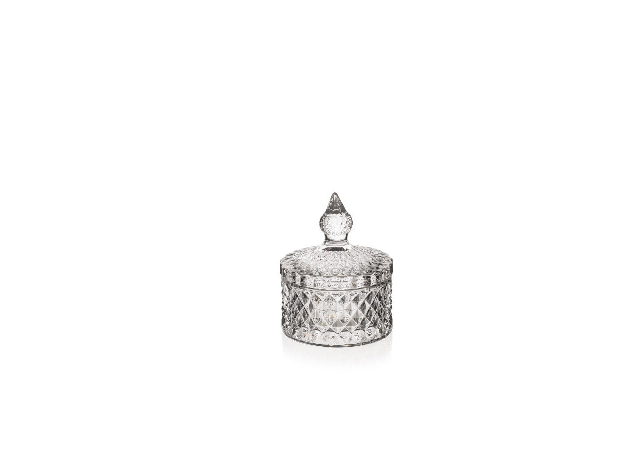 Coppa potiche con coperchio in vetro trasparente e decoro a rilievo, venus, stile classico h.10xd.8,5 cm
