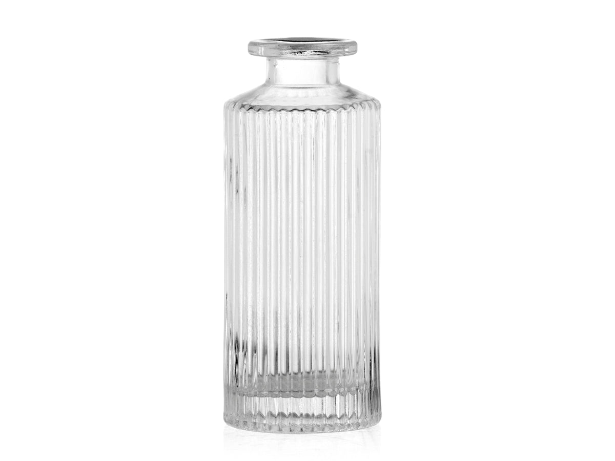 Vaso bottiglia decorativa in vetro trasparente forma cilindrica con lavorazione a rilievo 5,5x13,3 cm