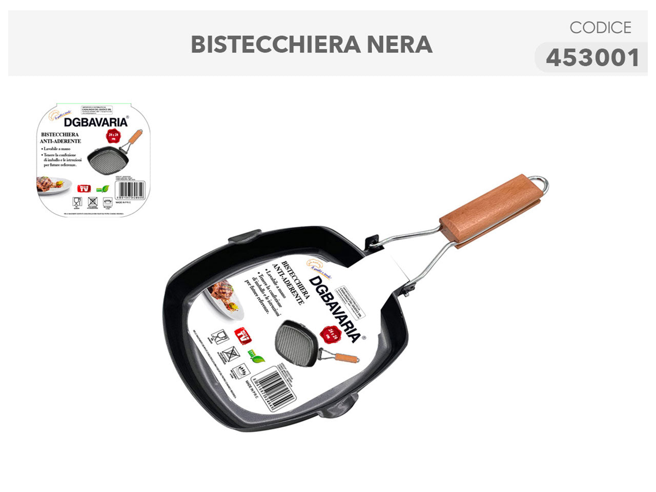 Bistecchiera antiaderente in metallo e legno quadrata nera 24x24 cm  - Casalinghi del Giudice