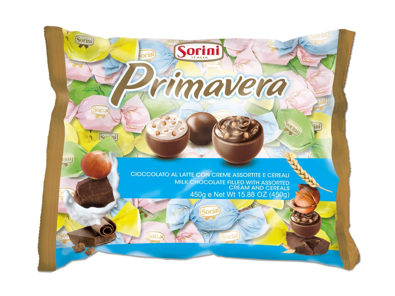 Sorini maxi primavera, cioccolato al latte con creme assortite e cereali 450gr