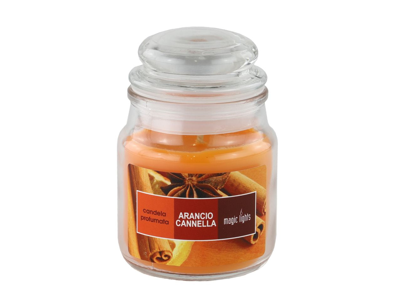 Candela profumata giara piccola 95gr h9xd5,5cm fragranza arancio e cannella
