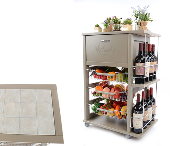 Carrello Porta Frutta e Verdura con portapane 56,5x37,3 h 82,2 in Legno, portavino carrello da cucina con ripiano multiuso 100% Made in Italy. (Tortora)