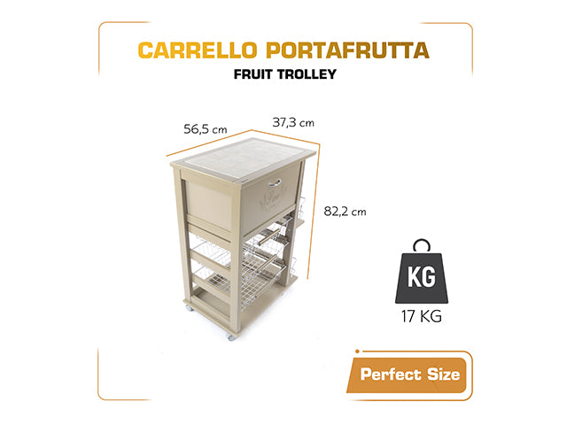 Carrello Porta Frutta e Verdura con portapane 56,5x37,3 h 82,2 in Legno, portavino carrello da cucina con ripiano multiuso 100% Made in Italy. (Tortora)