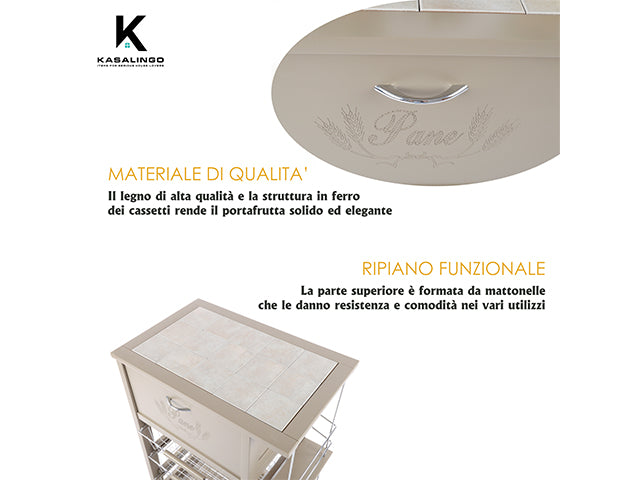 Carrello Porta Frutta e Verdura con portapane 56,5x37,3 h 82,2 in Legno, portavino carrello da cucina con ripiano multiuso 100% Made in Italy. (Tortora)