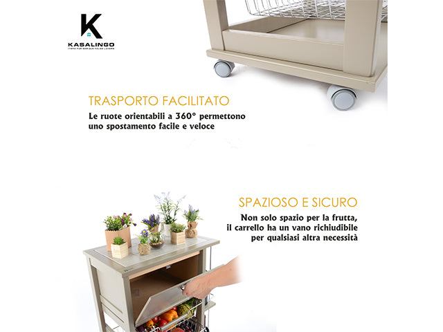 Carrello Porta Frutta e Verdura con portapane 56,5x37,3 h 82,2 in Legno, portavino carrello da cucina con ripiano multiuso 100% Made in Italy. (Tortora)