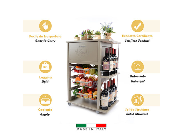 Carrello Porta Frutta e Verdura con portapane 56,5x37,3 h 82,2 in Legno, portavino carrello da cucina con ripiano multiuso 100% Made in Italy. (Tortora)