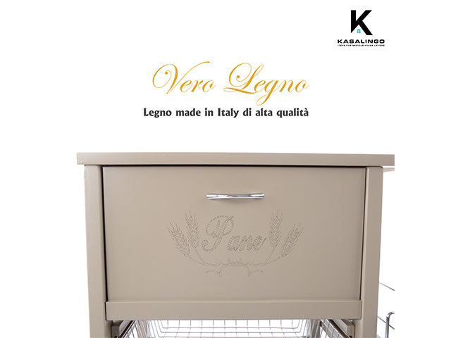 Carrello Porta Frutta e Verdura con portapane 56,5x37,3 h 82,2 in Legno, portavino carrello da cucina con ripiano multiuso 100% Made in Italy. (Tortora)