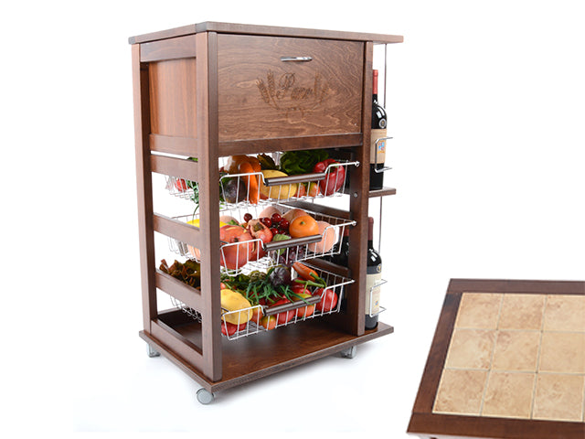 Carrello Porta Frutta e Verdura con portapane 56,5x37,3 h 82,2 in Legno, portavino carrello da cucina con ripiano multiuso 100% Made in Italy.