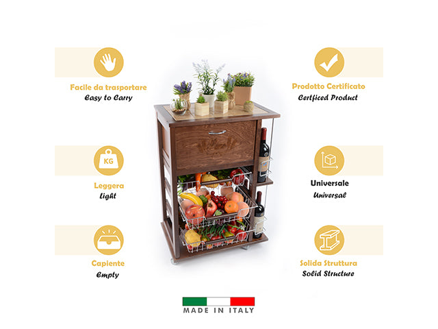 Carrello Porta Frutta e Verdura con portapane 56,5x37,3 h 82,2 in Legno, portavino carrello da cucina con ripiano multiuso 100% Made in Italy.
