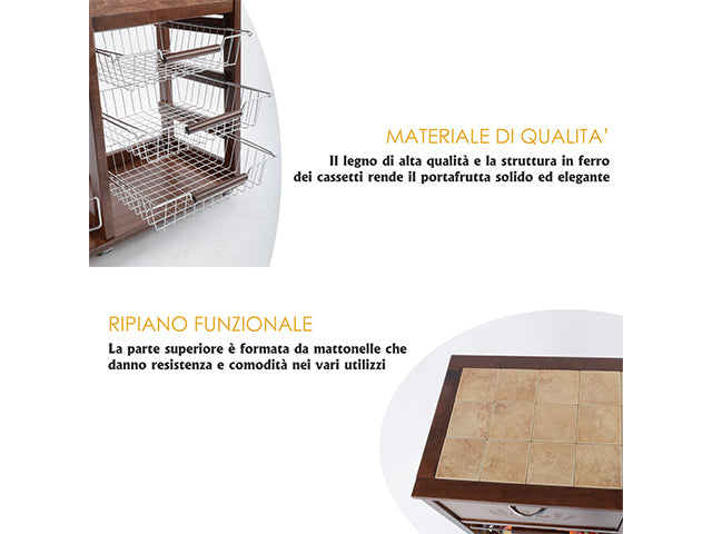 Carrello Porta Frutta e Verdura con portapane 56,5x37,3 h 82,2 in Legno, portavino carrello da cucina con ripiano multiuso 100% Made in Italy.