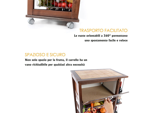 Carrello Porta Frutta e Verdura con portapane 56,5x37,3 h 82,2 in Legno, portavino carrello da cucina con ripiano multiuso 100% Made in Italy.