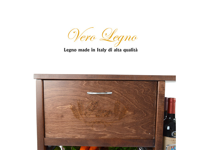 Carrello Porta Frutta e Verdura con portapane 56,5x37,3 h 82,2 in Legno, portavino carrello da cucina con ripiano multiuso 100% Made in Italy.