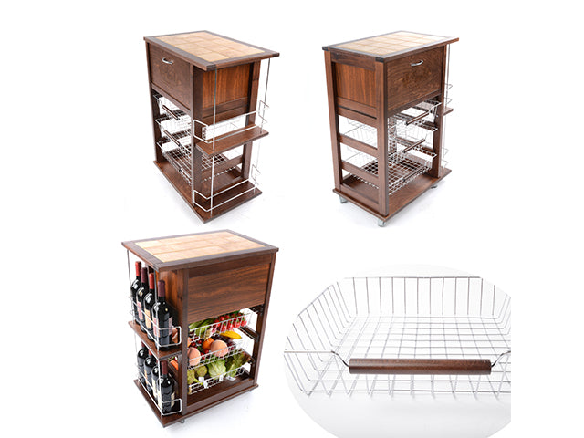 Carrello Porta Frutta e Verdura con portapane 56,5x37,3 h 82,2 in Legno, portavino carrello da cucina con ripiano multiuso 100% Made in Italy.